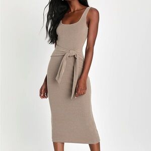 Taupe Ribbed Knit Tie-Front Midi Dress